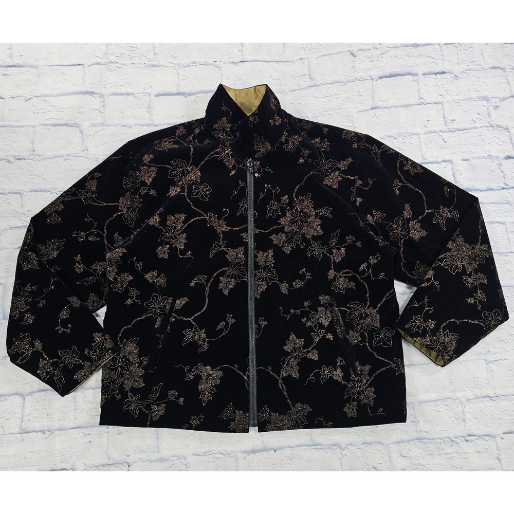 Mycra Pac Reversible Jacket Womens L Gold Metallic Black Velvet Floral Full Zip